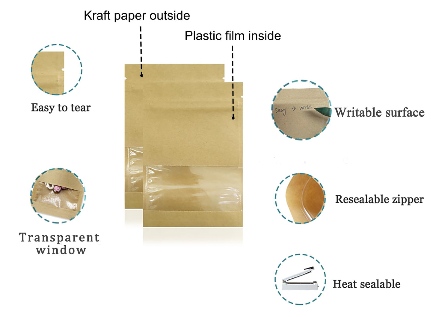 PABCK 100 Pack (Inner Size 2.36x2.36inch) Clear Window Airtight Seed Packets Brown Kraft