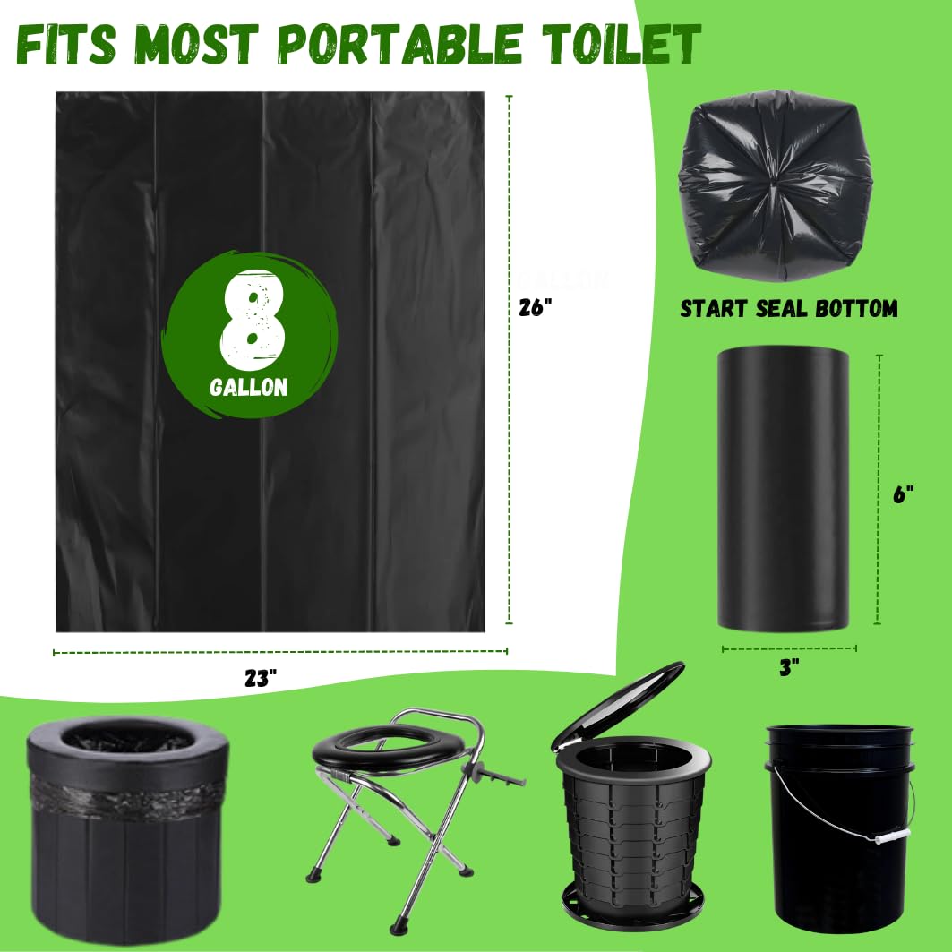 Portable Camping Waste Toilet Bags, 8 Gallon Black Can Liner for Travel, Camping and Outdoor Getaways (120 Count)