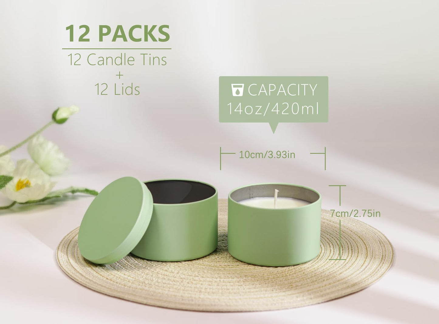 Candle Tins with Lids, 3 Wicks Candle Jars 14oz/420ml Candle Containers 12 Pack Seamless Bulk Candle Containers for Candle Making Supplies Wholesale Empty Candle Jars - Mint