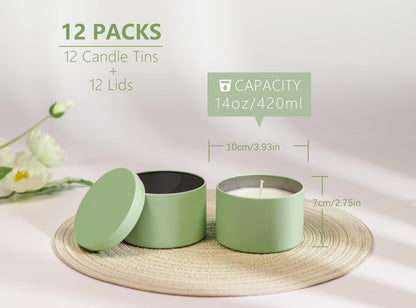 Candle Tins with Lids, 3 Wicks Candle Jars 14oz/420ml Candle Containers 12 Pack Seamless Bulk Candle Containers for Candle Making Supplies Wholesale Empty Candle Jars - Mint