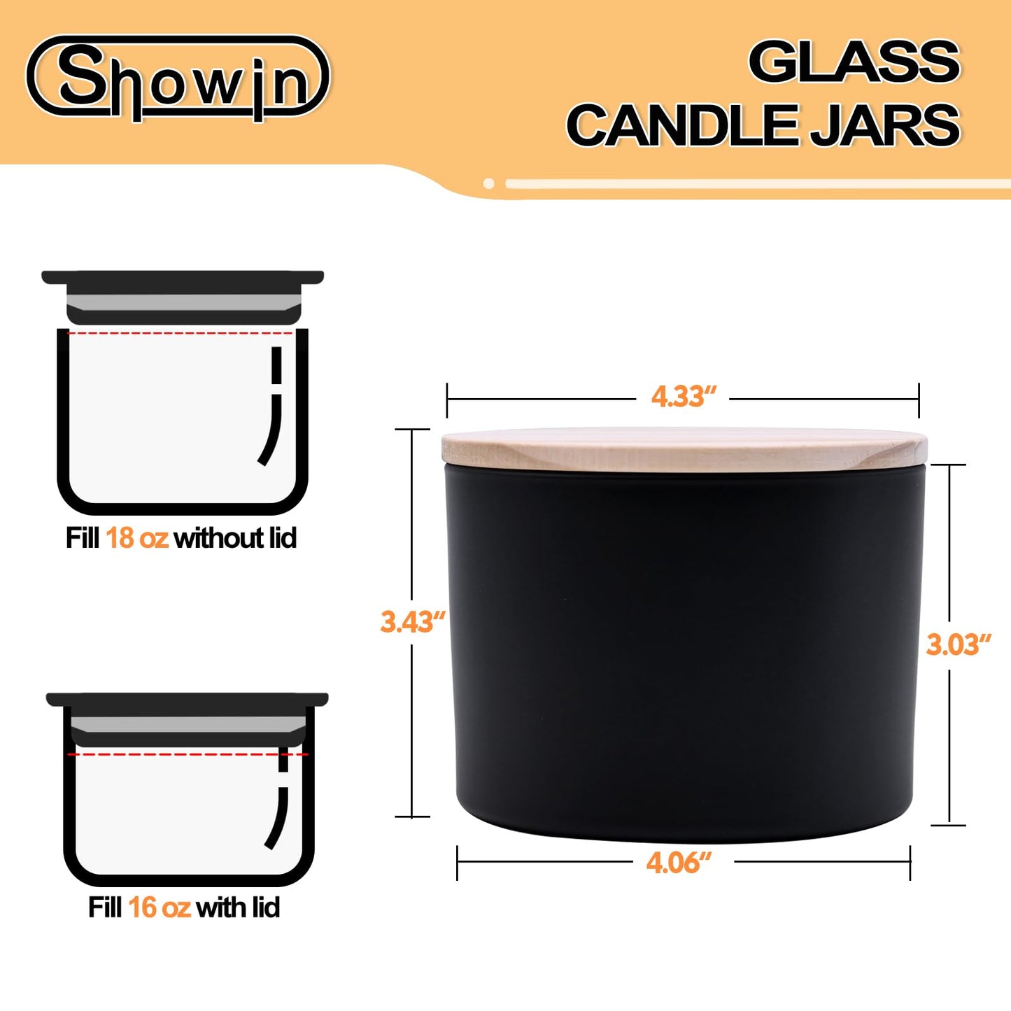 SHOWIN 18 OZ Thick Candle Jars for Making Candles 6 Pcs, Empty Jars with Wood Lids for Candle Making, Sample Container,Frosted White
