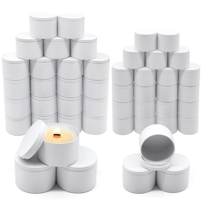 YJHSS 48-Pack White Candle Tins, 24pcs 8oz + 24pcs 4oz Candle tins with Metal Wood-Grain Printing Lids, Empty Candle Jars for Making Candles, Bulk Candle Containers Candle Making Jars for Christmas