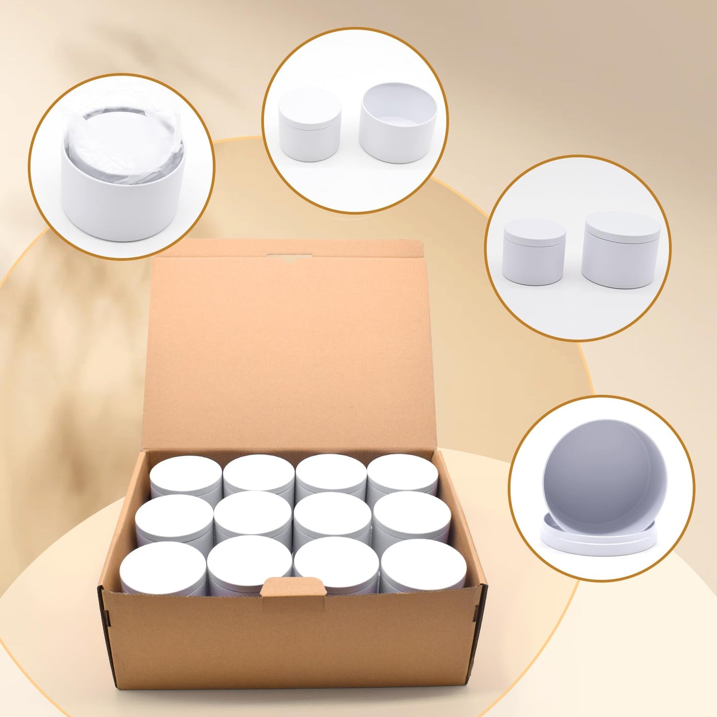 YJHSS 48-Pack White Candle Tins, 24pcs 8oz + 24pcs 4oz Candle tins with Metal Wood-Grain Printing Lids, Empty Candle Jars for Making Candles, Bulk Candle Containers Candle Making Jars for Christmas