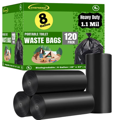 Portable Camping Waste Toilet Bags, 8 Gallon Black Can Liner for Travel, Camping and Outdoor Getaways (120 Count)