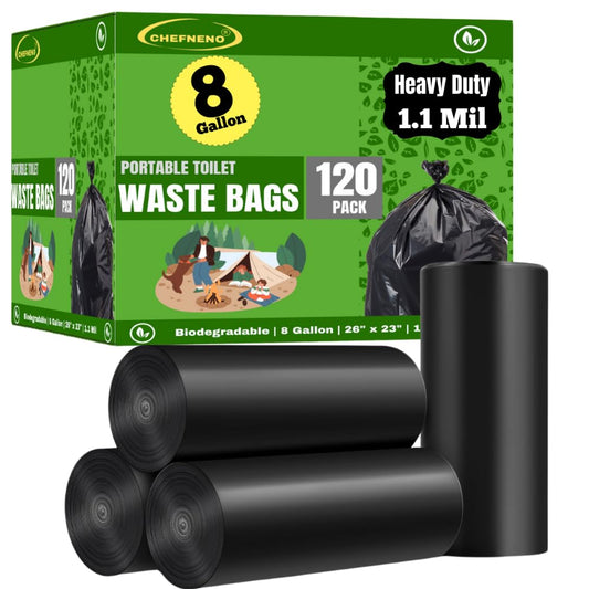 Portable Camping Waste Toilet Bags, 8 Gallon Black Can Liner for Travel, Camping and Outdoor Getaways (120 Count)