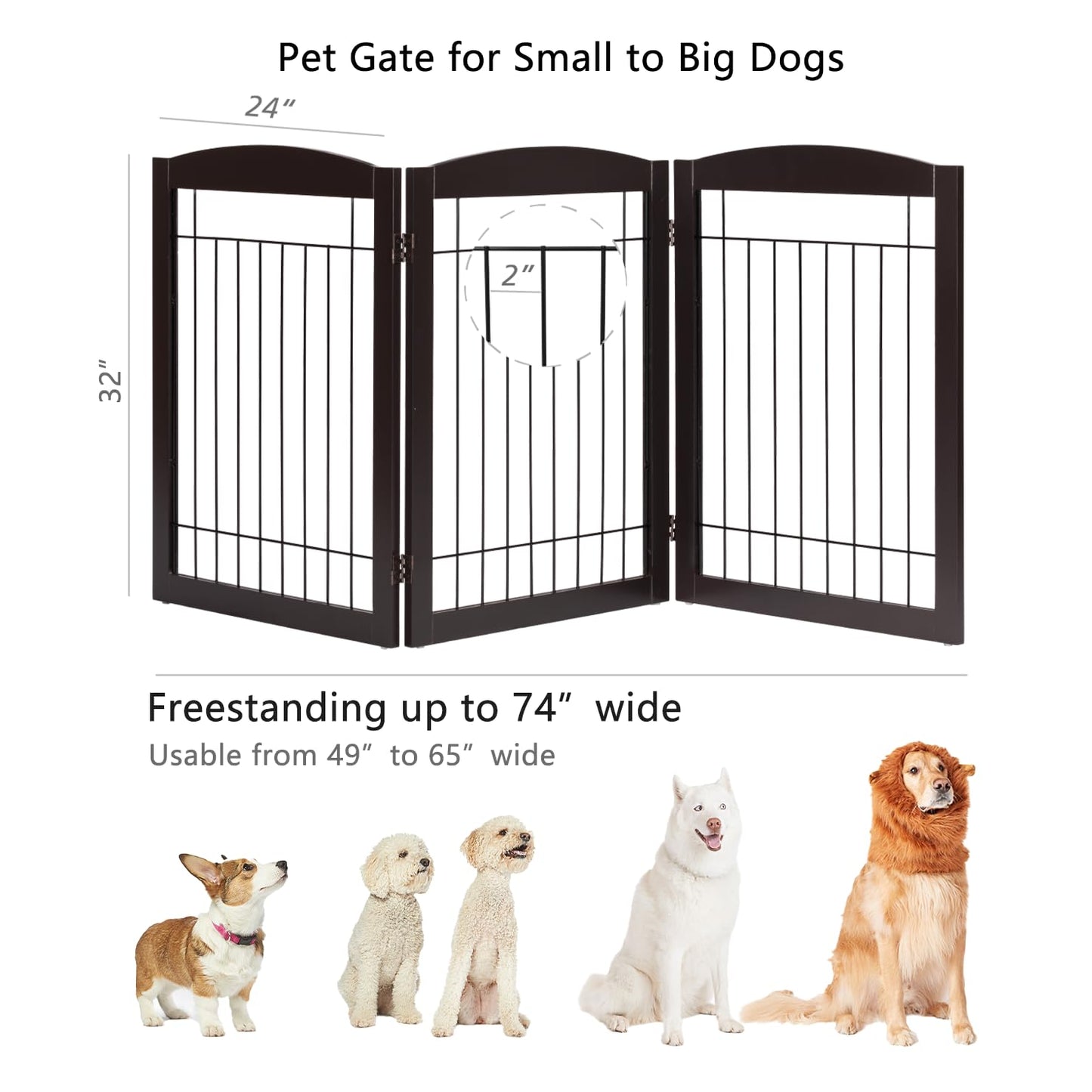 PAWLAND 144-inch Extra Wide 30-inches Tall Dog gate with Door Walk Through, Freestanding Wire Pet Gate for The House, Doorway, Stairs, Pet Puppy Safety Fence, Support Feet Included, Espresso,6 Panels