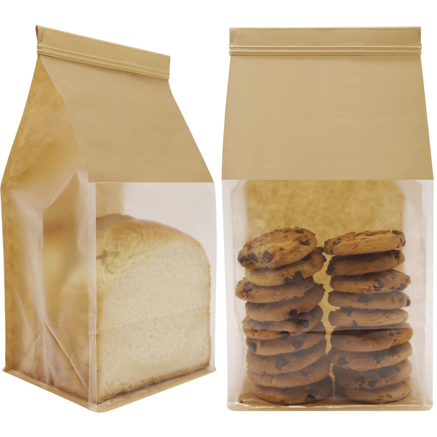 Bakery Bags with Window Cookie Bags for Packaging 50Pcs 5.1x4.3x11 Inches Brown Kraft Paper Tin Tie Tab Lock Candy Bags Treat Bags, Popcorn, Coffee Bags Resealable