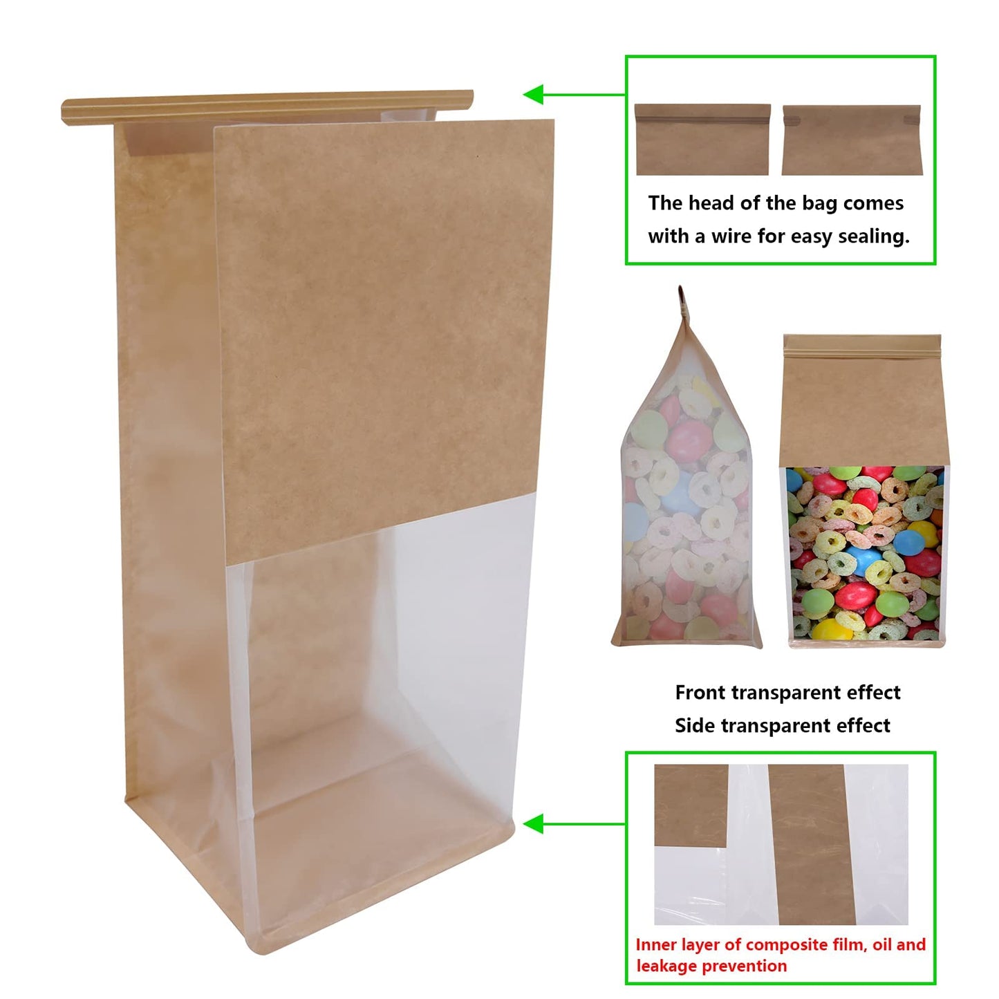 Bakery Bags with Window Cookie Bags for Packaging 50Pcs 5.1x4.3x11 Inches Brown Kraft Paper Tin Tie Tab Lock Candy Bags Treat Bags, Popcorn, Coffee Bags Resealable