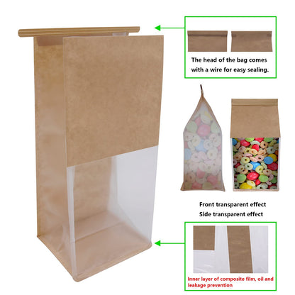 Bakery Bags with Window Cookie Bags for Packaging 50Pcs 5.1x4.3x11 Inches Brown Kraft Paper Tin Tie Tab Lock Candy Bags Treat Bags, Popcorn, Coffee Bags Resealable