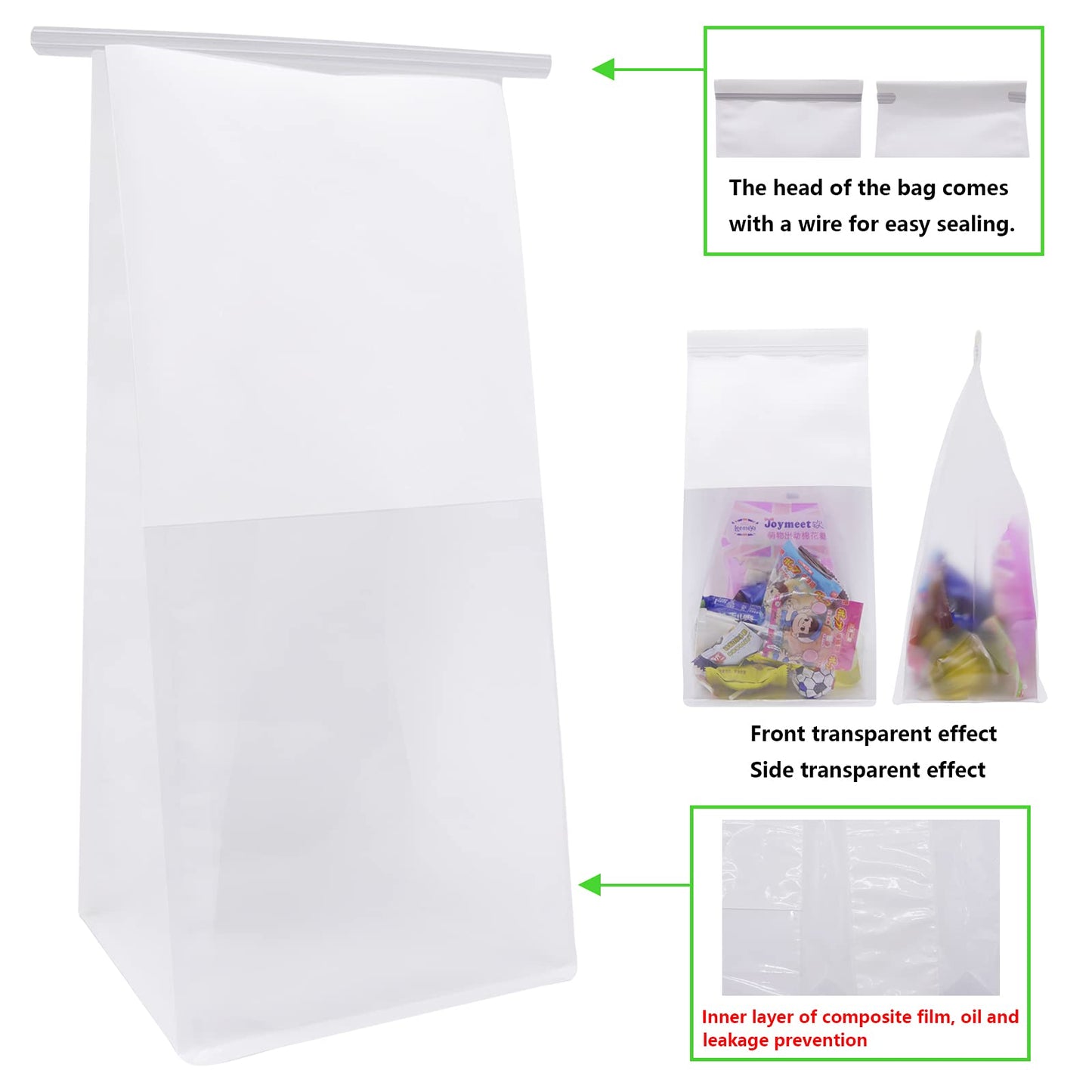 Bakery Bags with Window Cookie Bags for Packaging 50Pcs 5.1x4.3x11 Inches Brown Kraft Paper Tin Tie Tab Lock Candy Bags Treat Bags, Popcorn, Coffee Bags Resealable