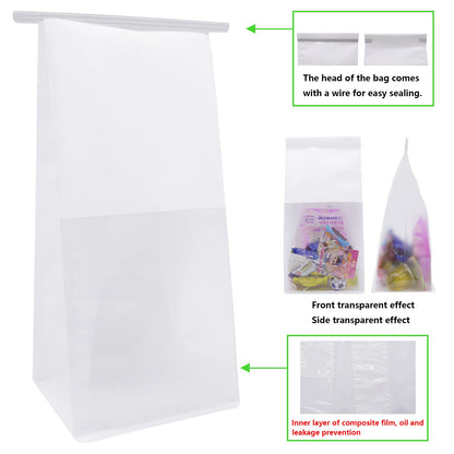 Bakery Bags with Window Cookie Bags for Packaging 50Pcs 5.1x4.3x11 Inches Brown Kraft Paper Tin Tie Tab Lock Candy Bags Treat Bags, Popcorn, Coffee Bags Resealable