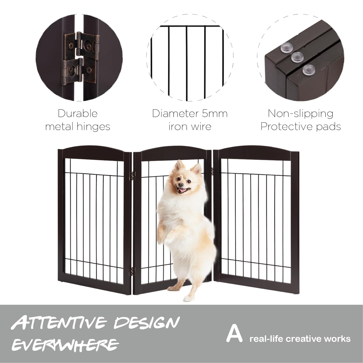 PAWLAND 144-inch Extra Wide 30-inches Tall Dog gate with Door Walk Through, Freestanding Wire Pet Gate for The House, Doorway, Stairs, Pet Puppy Safety Fence, Support Feet Included, Espresso,6 Panels