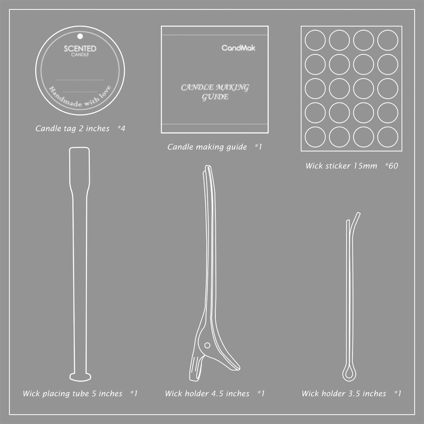 CandMak Candle Wick Kit, 60 Cotton Candle Wicks with Candle Making Tools for Candle Making (Thick 4"+6"+8")