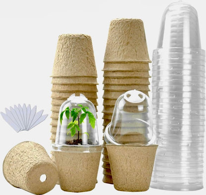 6cm/2.33 inch Biodegradable, Eco Friendly Peat Seedling Pots with Humidity Dome and Plant Label, Natural