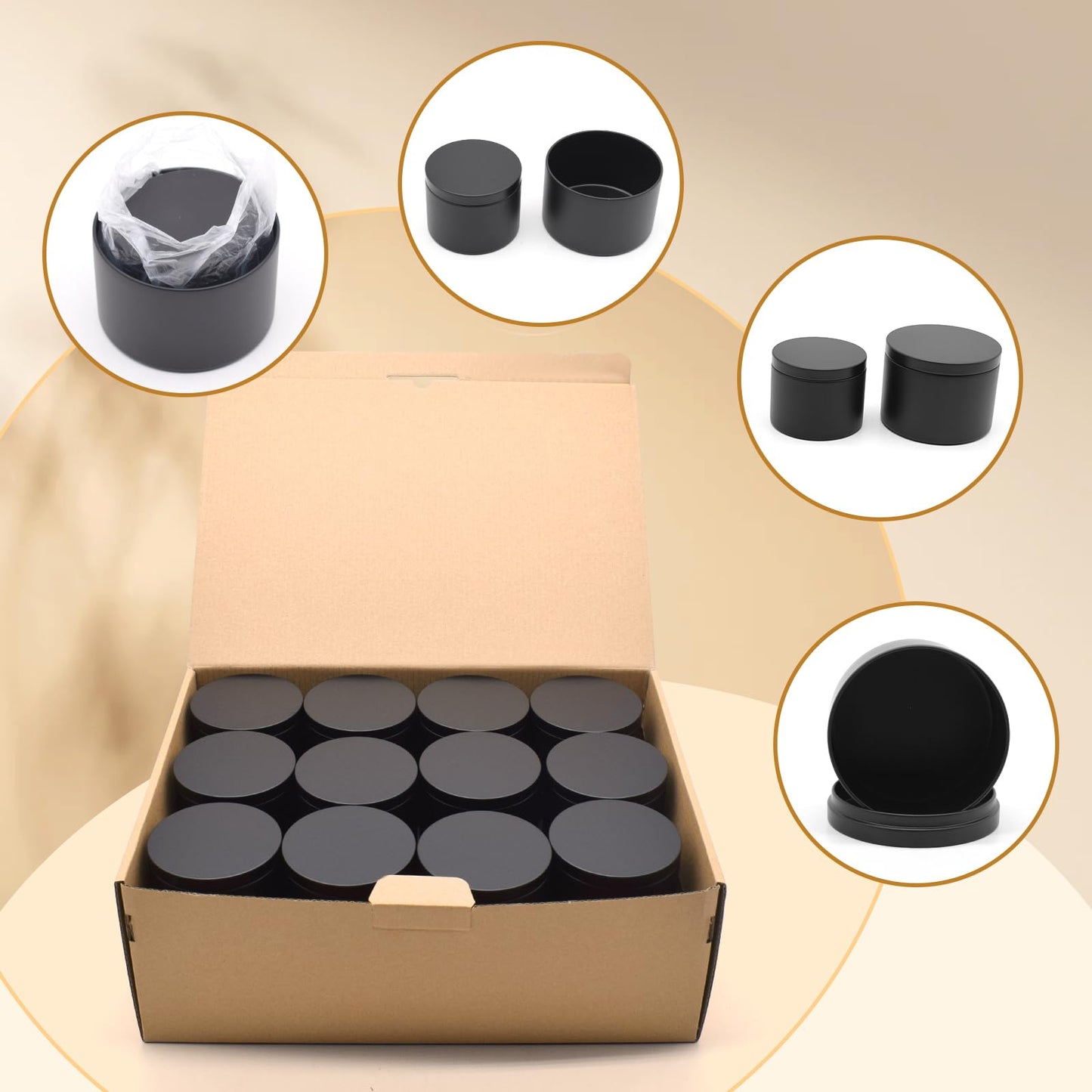 YJHSS 48-Pack White Candle Tins, 24pcs 8oz + 24pcs 4oz Candle tins with Metal Wood-Grain Printing Lids, Empty Candle Jars for Making Candles, Bulk Candle Containers Candle Making Jars for Christmas