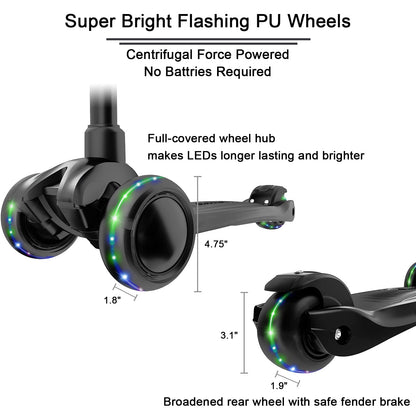 Allek Kick Scooter B03 for Kids (3-12 Years) — Style, Fun, and Safety on 3 Wheels with LED Lights, Adjustable Handlebar, and Reinforced Deck (Black)
