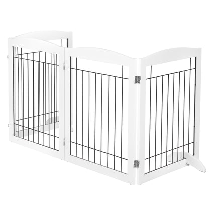 PAWLAND 144-inch Extra Wide 30-inches Tall Dog gate with Door Walk Through, Freestanding Wire Pet Gate for The House, Doorway, Stairs, Pet Puppy Safety Fence, Support Feet Included, Espresso,6 Panels