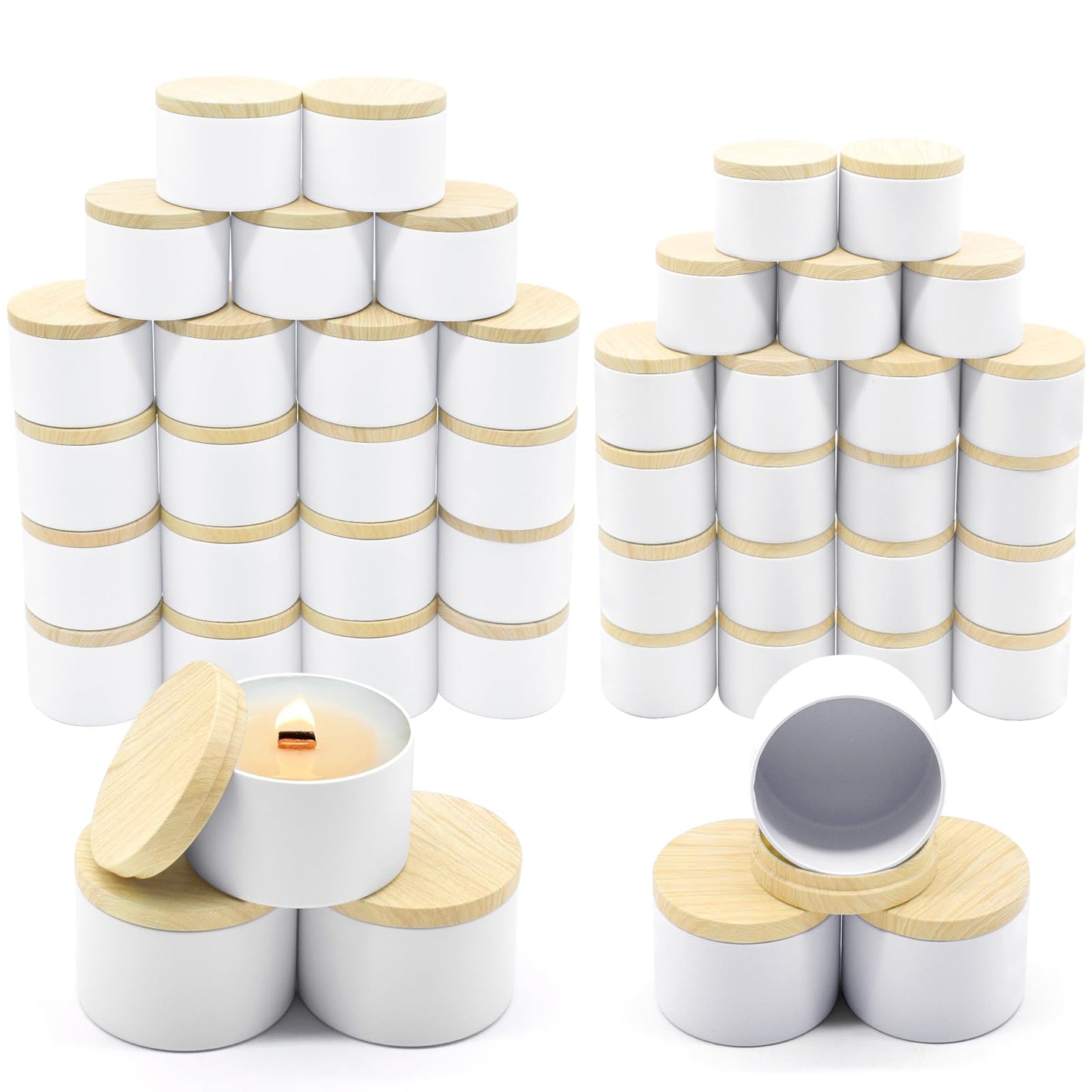 YJHSS 48-Pack White Candle Tins, 24pcs 8oz + 24pcs 4oz Candle tins with Metal Wood-Grain Printing Lids, Empty Candle Jars for Making Candles, Bulk Candle Containers Candle Making Jars for Christmas