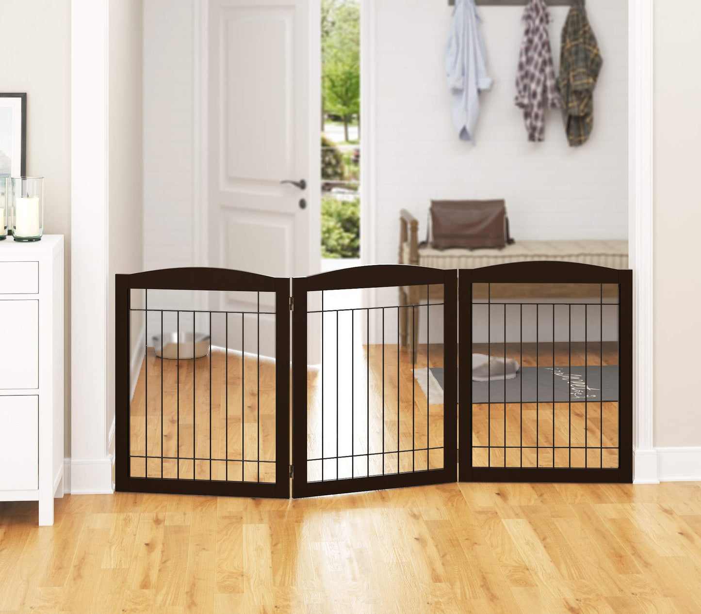 PAWLAND 144-inch Extra Wide 30-inches Tall Dog gate with Door Walk Through, Freestanding Wire Pet Gate for The House, Doorway, Stairs, Pet Puppy Safety Fence, Support Feet Included, Espresso,6 Panels
