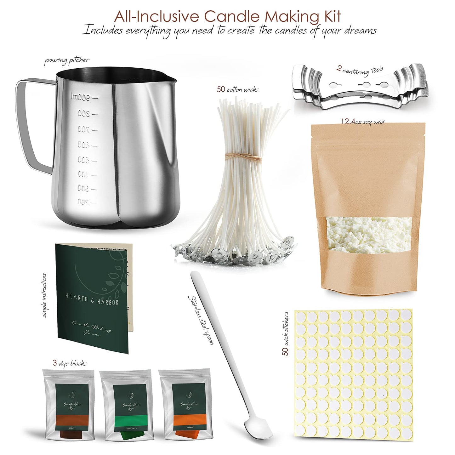 Hearth & Harbor Soy Candle Wax for Candle Making 10 lb Bag, Premium Natural Soy Wax Flakes, 100 Cotton Candle Wicks, 100 Wick Stickers, & 2 Centering Devices
