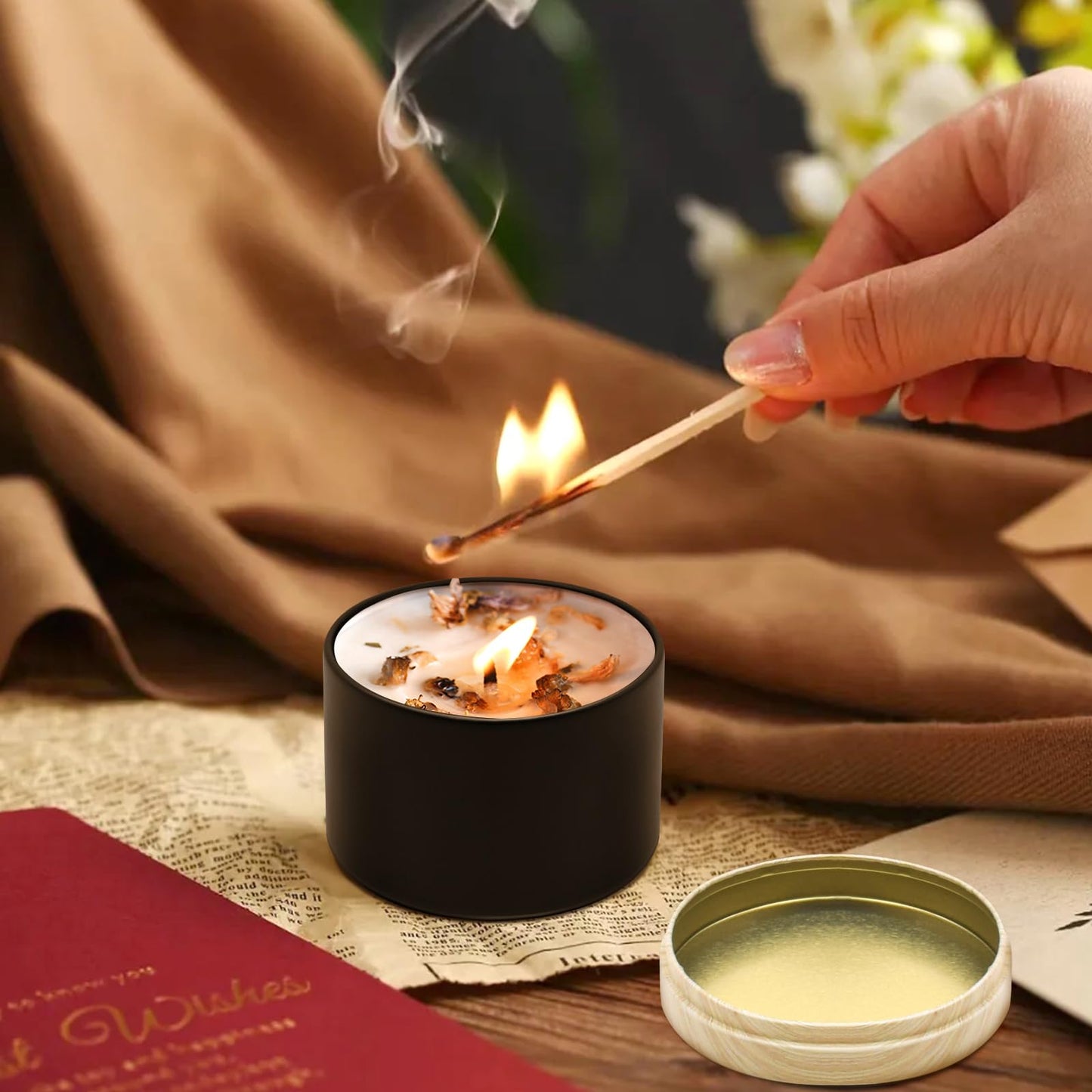 YJHSS 48-Pack White Candle Tins, 24pcs 8oz + 24pcs 4oz Candle tins with Metal Wood-Grain Printing Lids, Empty Candle Jars for Making Candles, Bulk Candle Containers Candle Making Jars for Christmas