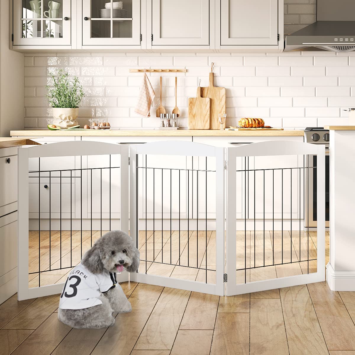 PAWLAND 144-inch Extra Wide 30-inches Tall Dog gate with Door Walk Through, Freestanding Wire Pet Gate for The House, Doorway, Stairs, Pet Puppy Safety Fence, Support Feet Included, Espresso,6 Panels