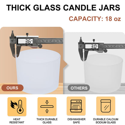 SHOWIN 18 OZ Thick Candle Jars for Making Candles 6 Pcs, Empty Jars with Wood Lids for Candle Making, Sample Container,Frosted White