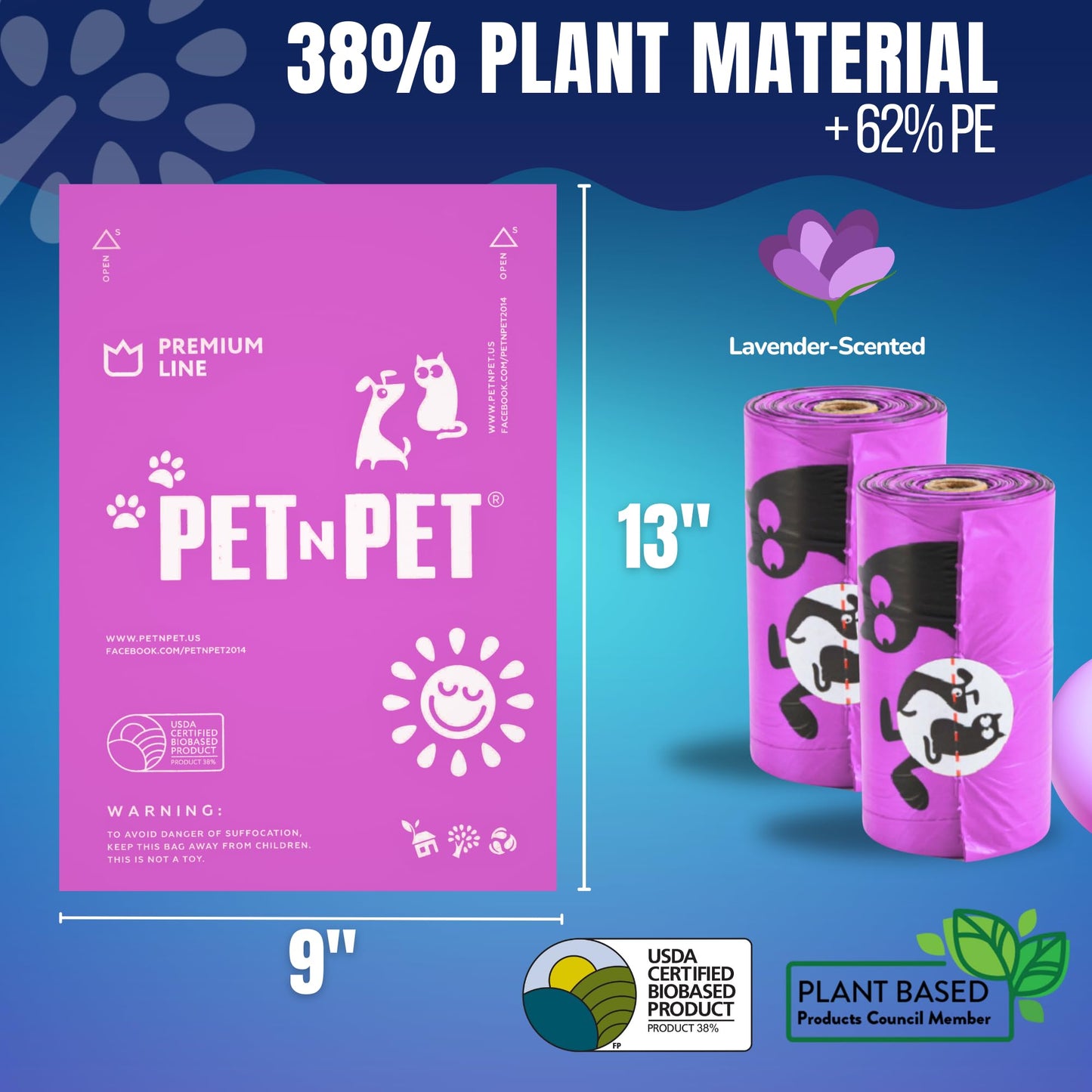 Pet N Pet Poop Bags for Dogs, 288 Counts Lavender Scented Dog Poop Bags Rolls with Leash Dispenser, USDA Certified 38% Plant Based & 62% PE Dogs Waste Bag, Doggie Poo Bag