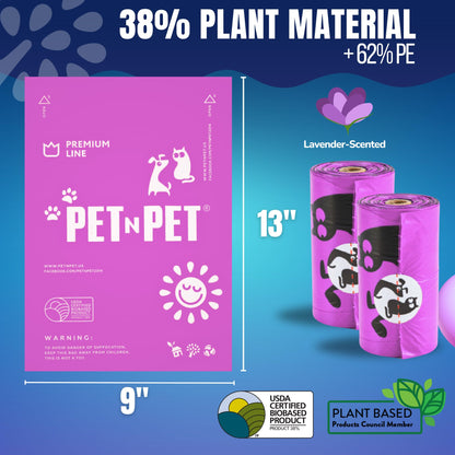 Pet N Pet Poop Bags for Dogs, 288 Counts Lavender Scented Dog Poop Bags Rolls with Leash Dispenser, USDA Certified 38% Plant Based & 62% PE Dogs Waste Bag, Doggie Poo Bag