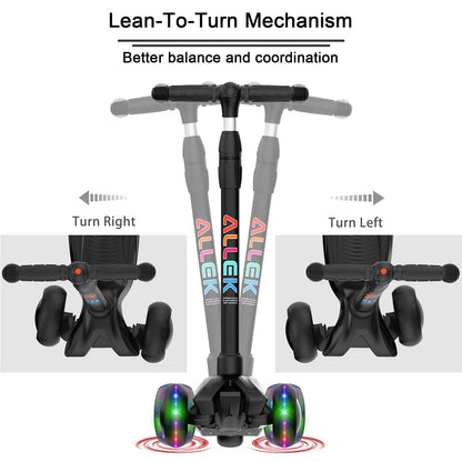Allek Kick Scooter B03 for Kids (3-12 Years) — Style, Fun, and Safety on 3 Wheels with LED Lights, Adjustable Handlebar, and Reinforced Deck (Black)