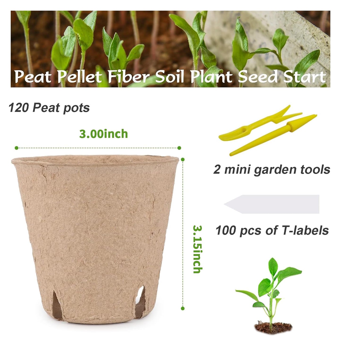 120 Cells Seed Starter Tray, 10 Packs Biodegradable Peat Pots for Seedlings, Organic Germination Plant Starter Kit with 100 Labels and 2 Transplant Tools