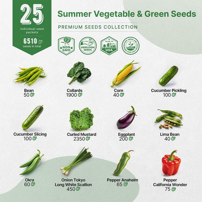 25 Summer Vegetable & Fruit Seeds Variety Pack - 1,870+ Non-GMO Heirloom Veggie & Fruits Seeds for Outdoors and Indoor Home Gardening, Including Collards, Tomato, Pepper, Okra, Onion, Bean, Cucumber