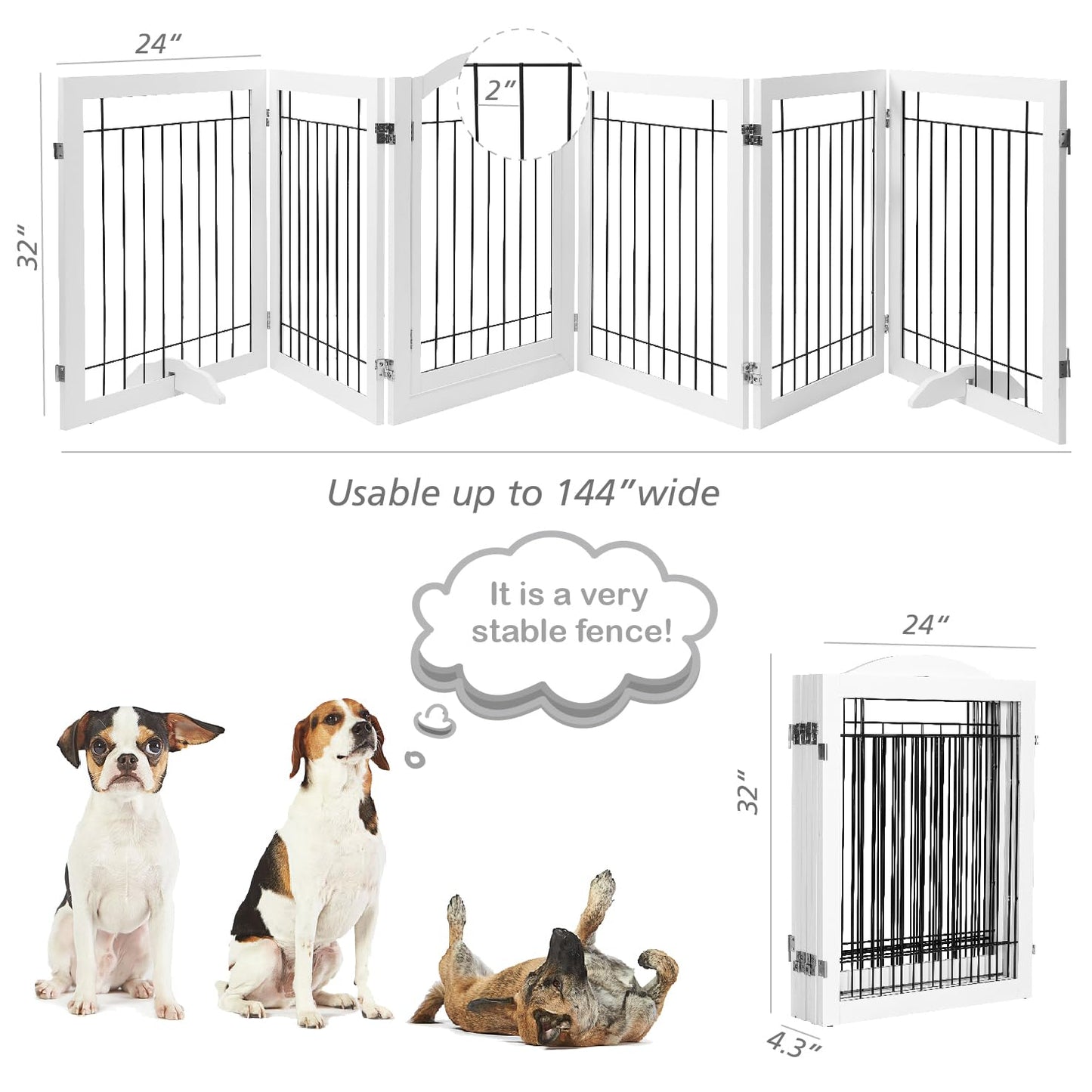 PAWLAND 144-inch Extra Wide 30-inches Tall Dog gate with Door Walk Through, Freestanding Wire Pet Gate for The House, Doorway, Stairs, Pet Puppy Safety Fence, Support Feet Included, Espresso,6 Panels