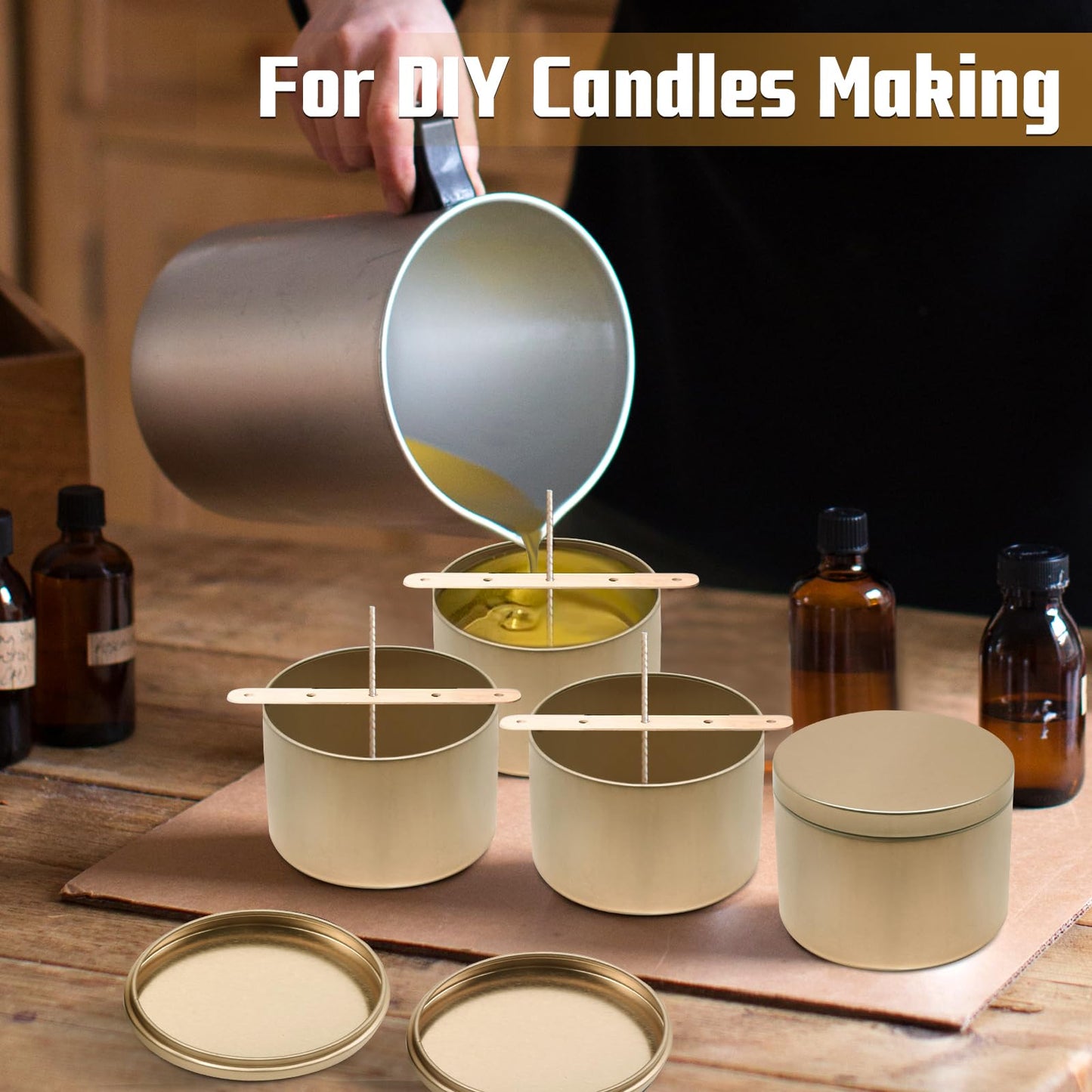 YJHSS 48-Pack White Candle Tins, 24pcs 8oz + 24pcs 4oz Candle tins with Metal Wood-Grain Printing Lids, Empty Candle Jars for Making Candles, Bulk Candle Containers Candle Making Jars for Christmas