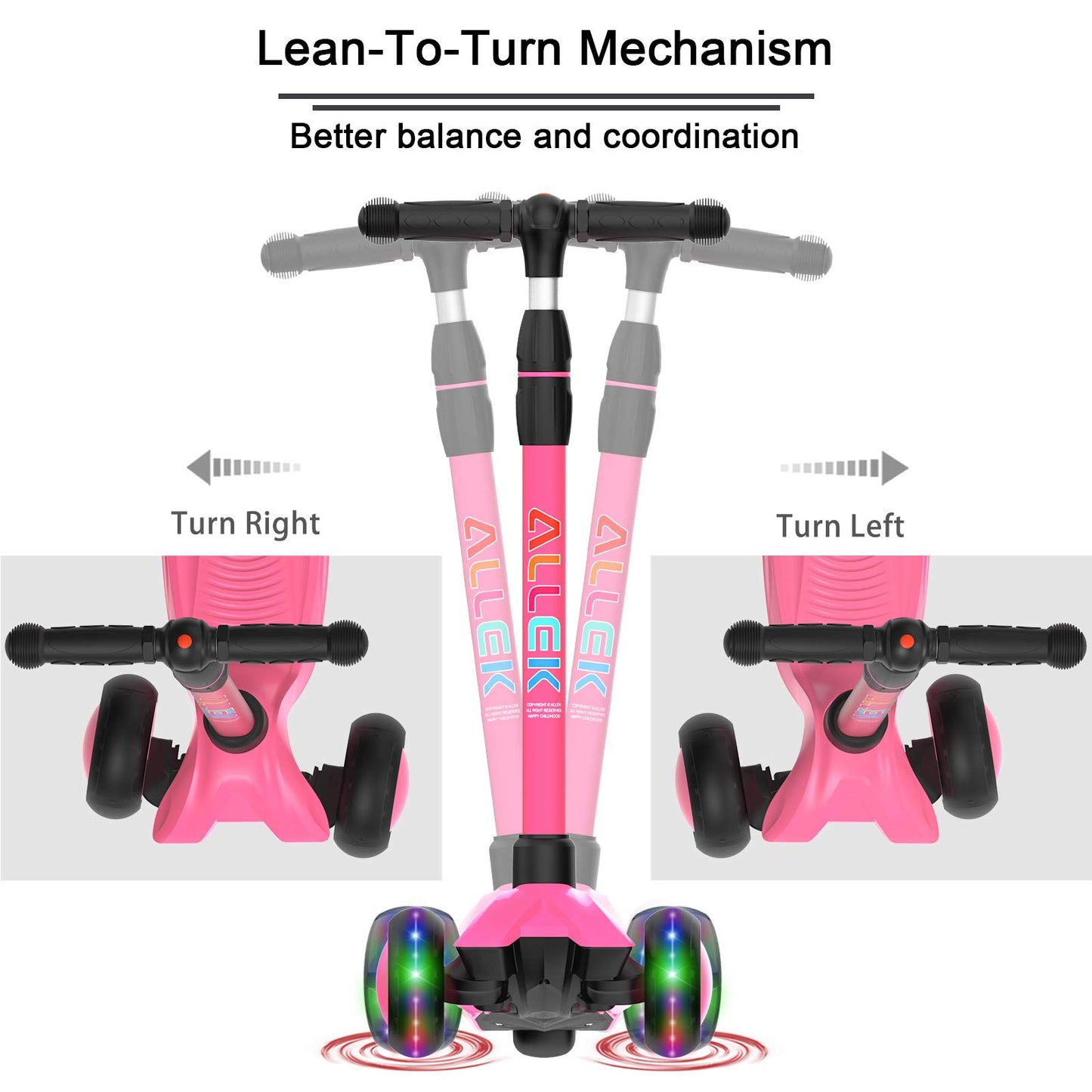 Allek Kick Scooter B03 for Kids (3-12 Years) — Style, Fun, and Safety on 3 Wheels with LED Lights, Adjustable Handlebar, and Reinforced Deck (Black)