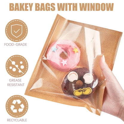 200 Pack Heat Sealable Bakery Bags with Window, Kraft Paper Sandwich Bags, Grease Resistant Cookies Bags To Go for Packaging Donut, Pastries and other Treats (7.5 x 7.1 Inches)