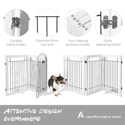 PAWLAND 144-inch Extra Wide 30-inches Tall Dog gate with Door Walk Through, Freestanding Wire Pet Gate for The House, Doorway, Stairs, Pet Puppy Safety Fence, Support Feet Included, Espresso,6 Panels
