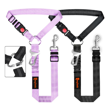 Removable Dog Seat Belt Harness for Car, 3 in 1 Pet Dog Car Seatbelt Leash, Retractable Restraint Secures to Vehicle Headrest & Adjustable Reflective Bungee Dog Seatbelt Tether, Blue and Black