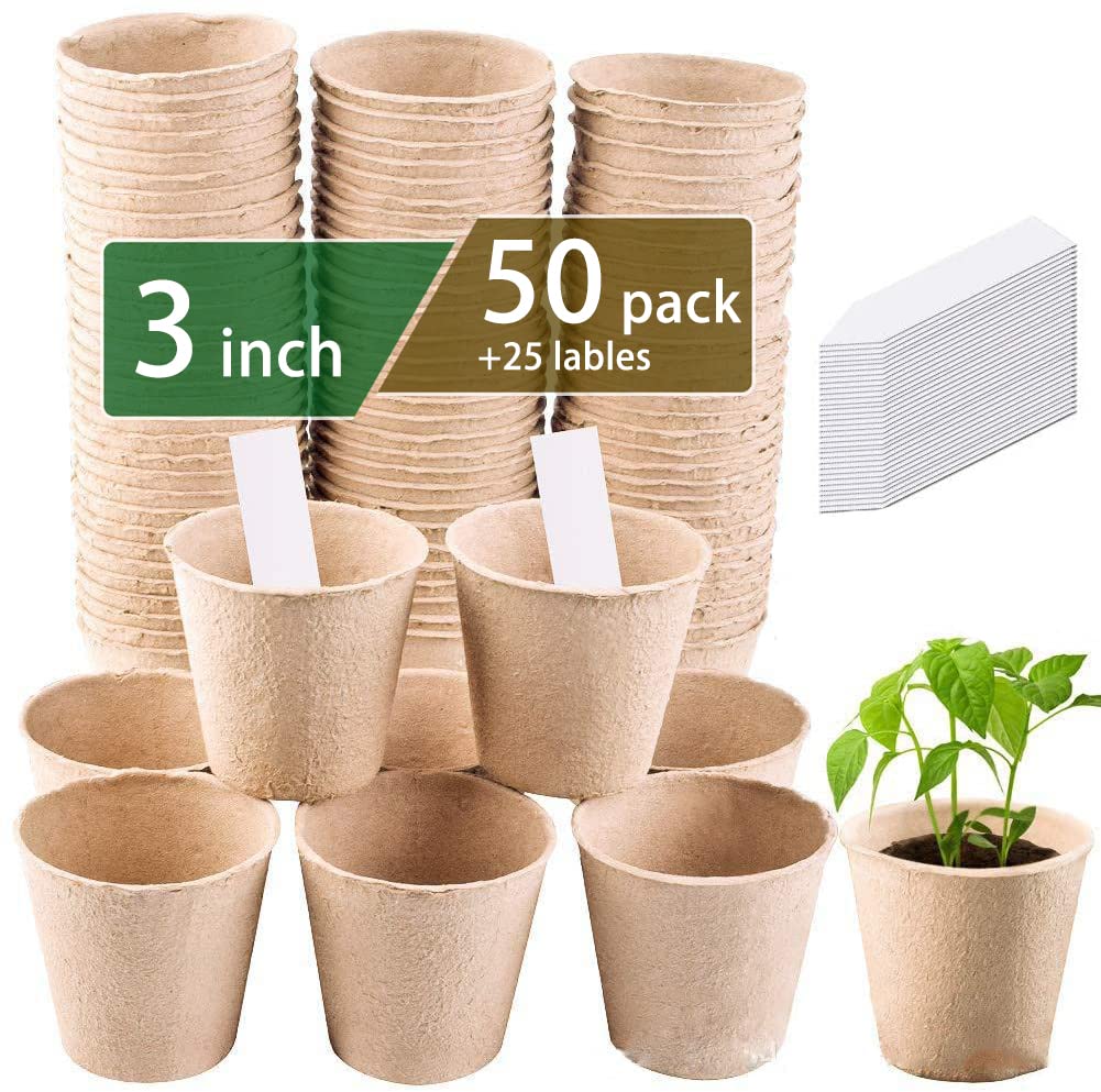 3T GROUP 50 Pcs 3 Inch Small Compostable Plant Pots,Disposable Flower Pots,Biodegradable Pots for Plant,Mini Seed Pots,Planting Pots,Peat Pot,Seeding Pots with Labels for Vegetables,Fruits,Garden