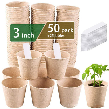 3T GROUP 50 Pcs 3 Inch Small Compostable Plant Pots,Disposable Flower Pots,Biodegradable Pots for Plant,Mini Seed Pots,Planting Pots,Peat Pot,Seeding Pots with Labels for Vegetables,Fruits,Garden