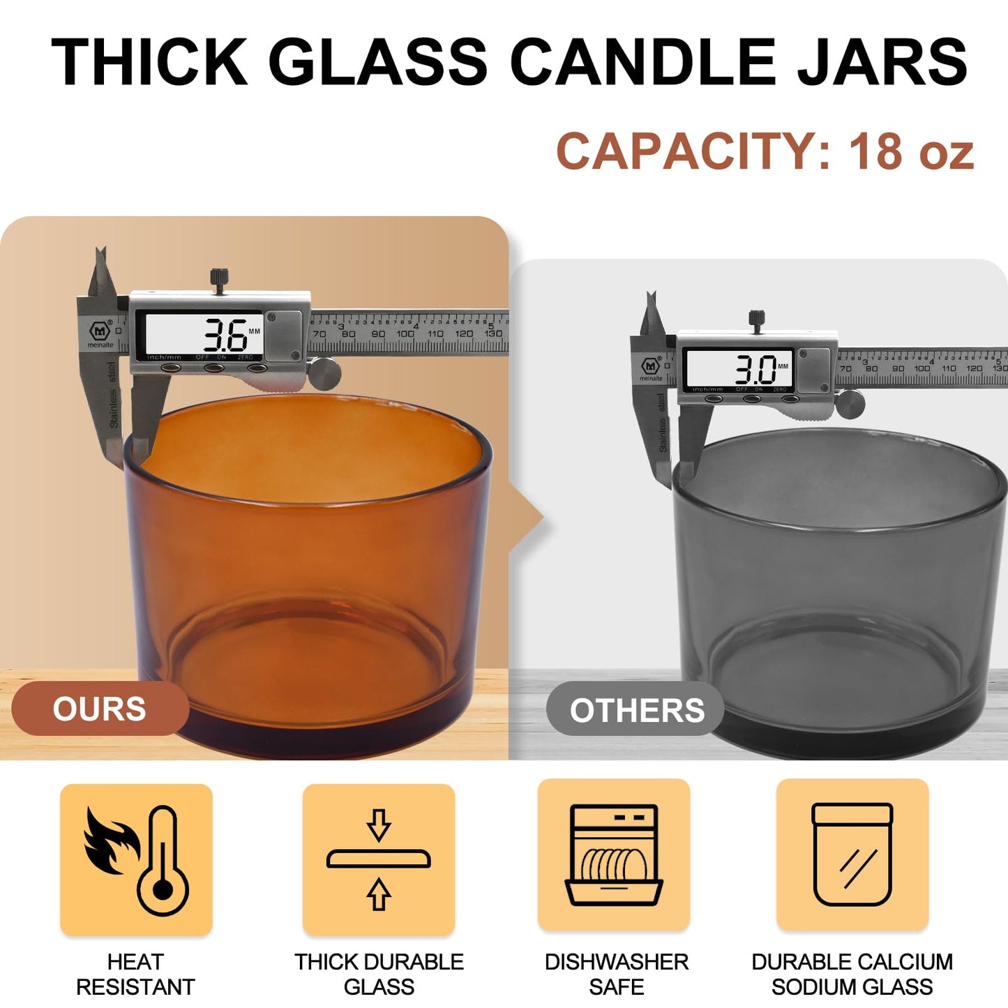 SHOWIN 18 OZ Thick Candle Jars for Making Candles 6 Pcs, Empty Jars with Wood Lids for Candle Making, Sample Container,Frosted White