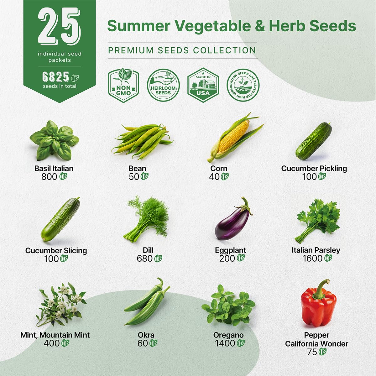 25 Summer Vegetable & Fruit Seeds Variety Pack - 1,870+ Non-GMO Heirloom Veggie & Fruits Seeds for Outdoors and Indoor Home Gardening, Including Collards, Tomato, Pepper, Okra, Onion, Bean, Cucumber