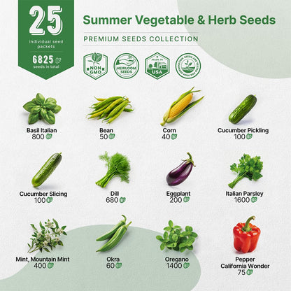 25 Summer Vegetable & Fruit Seeds Variety Pack - 1,870+ Non-GMO Heirloom Veggie & Fruits Seeds for Outdoors and Indoor Home Gardening, Including Collards, Tomato, Pepper, Okra, Onion, Bean, Cucumber