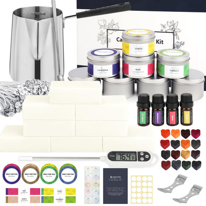 SAEUYVB Candle Making Kit - DIY Starter Soy Candle Making Supplies/Kit - Soy Wax, 10 Jars & Tins, 10 Pleasant Scents, Color Dyes & More，Perfect Candle Making Kit for Adults