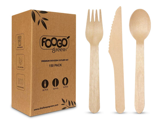 FOOGO Green Juego de cubiertos de madera desechables | 50 tenedores, 50 cucharas, 50 cuchillos | Compostables biodegradables| Juego de cubiertos ecológicos | pícnic de fiesta