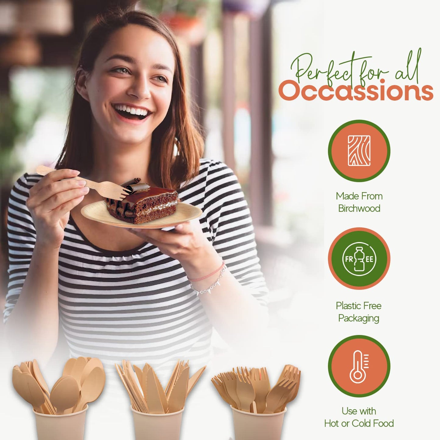 FOOGO Green Juego de cubiertos de madera desechables | 50 tenedores, 50 cucharas, 50 cuchillos | Compostables biodegradables| Juego de cubiertos ecológicos | pícnic de fiesta
