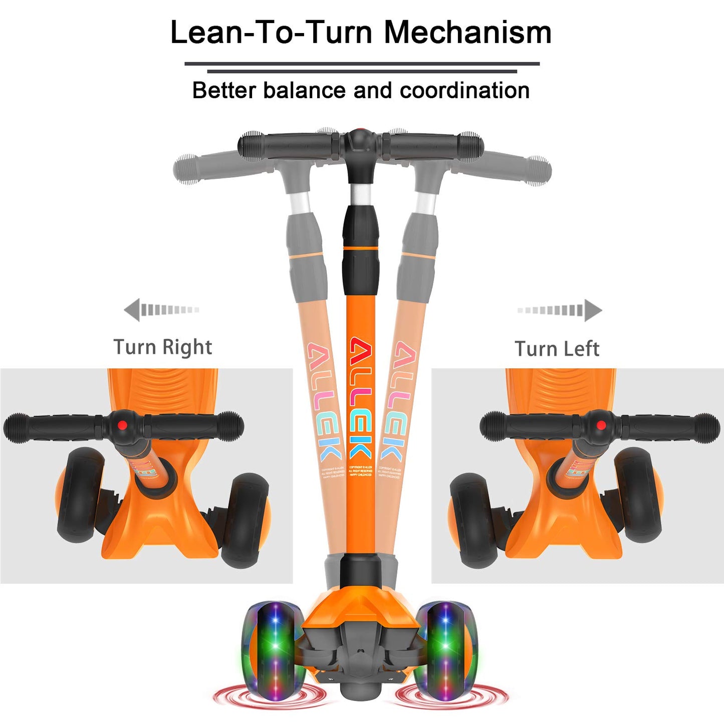 Allek Kick Scooter B03 for Kids (3-12 Years) — Style, Fun, and Safety on 3 Wheels with LED Lights, Adjustable Handlebar, and Reinforced Deck (Black)