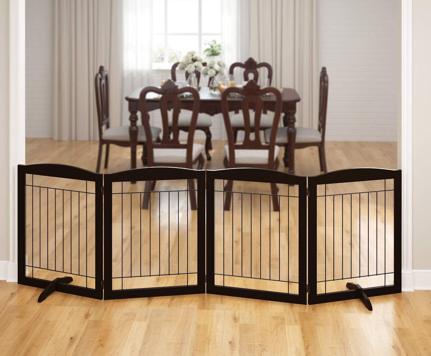 PAWLAND 144-inch Extra Wide 30-inches Tall Dog gate with Door Walk Through, Freestanding Wire Pet Gate for The House, Doorway, Stairs, Pet Puppy Safety Fence, Support Feet Included, Espresso,6 Panels