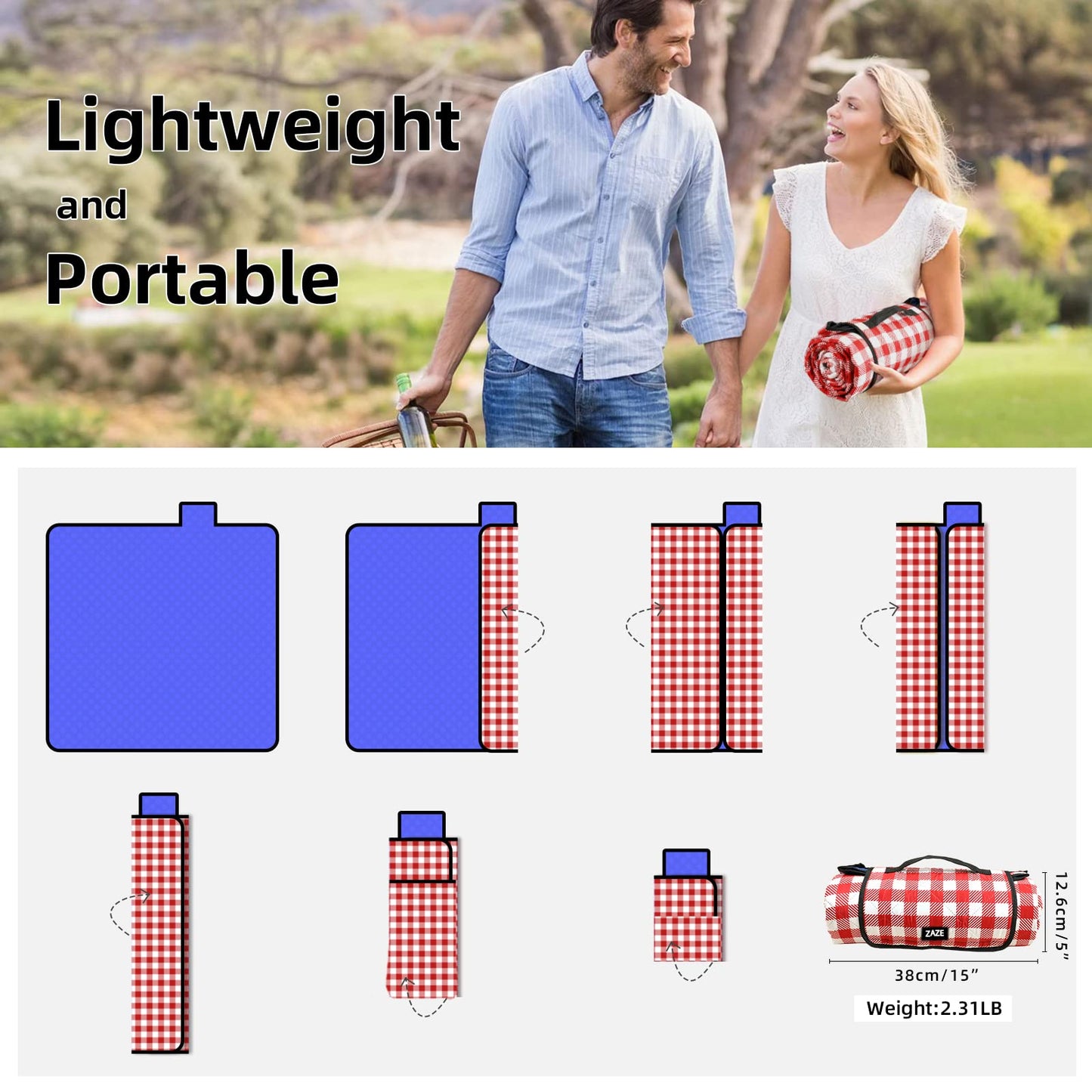 ZAZE XL Picnic Blanket 80"x80" — Waterproof, Foldable, Gingham Style for Beach, Camping, or Garden | Ideal for Couples, Weddings, and Green Gifts (Green/White)