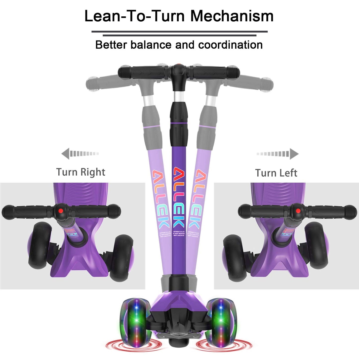 Allek Kick Scooter B03 for Kids (3-12 Years) — Style, Fun, and Safety on 3 Wheels with LED Lights, Adjustable Handlebar, and Reinforced Deck (Black)